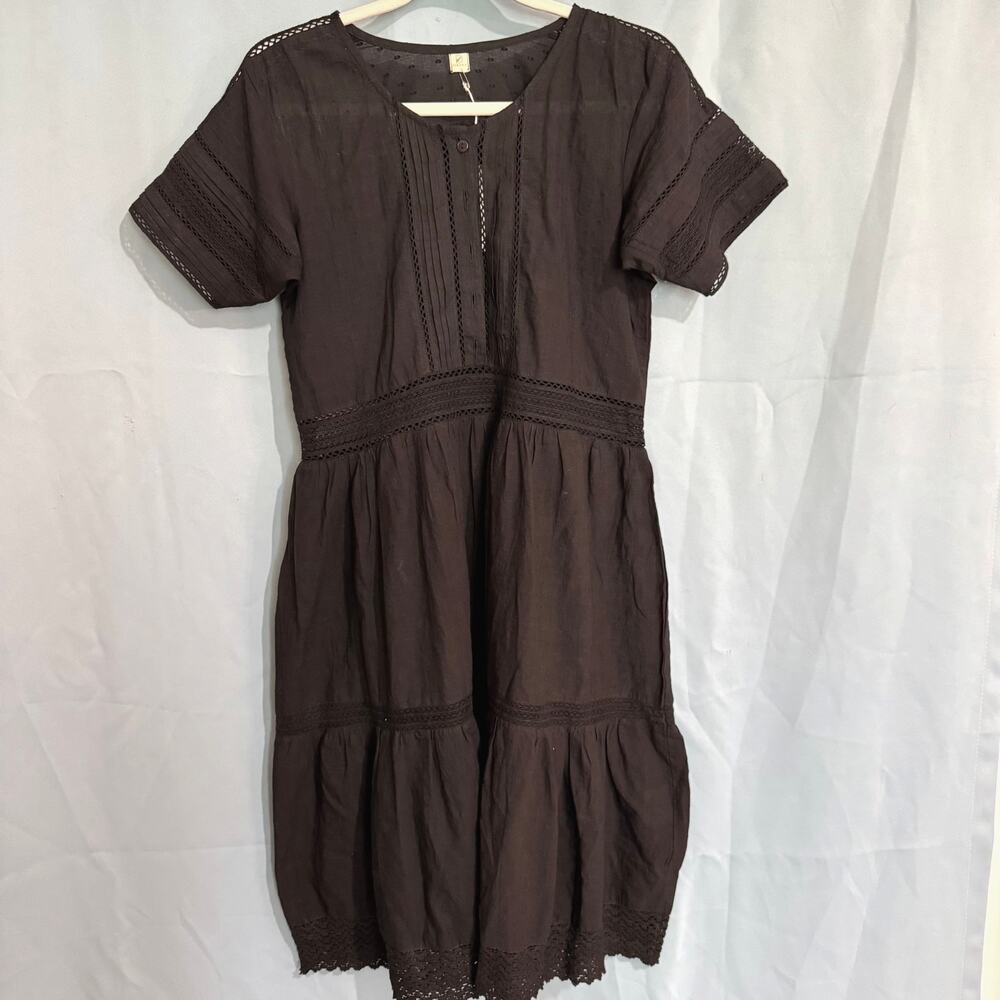 Dinava Little Black Poppyseed Dress Cotton Short Sleeved Size Medium Lace Detail